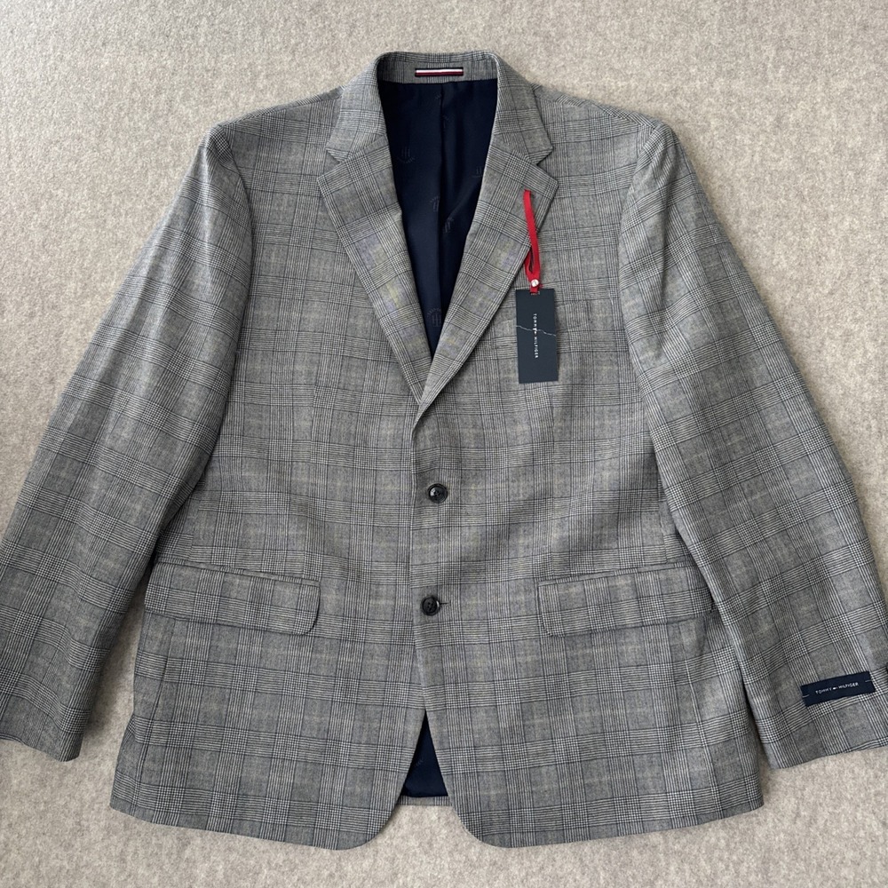 Tommy Hilfiger 100% Wool Glen Plaid Blazer Suit Jacket Mens 46R Grey NWT